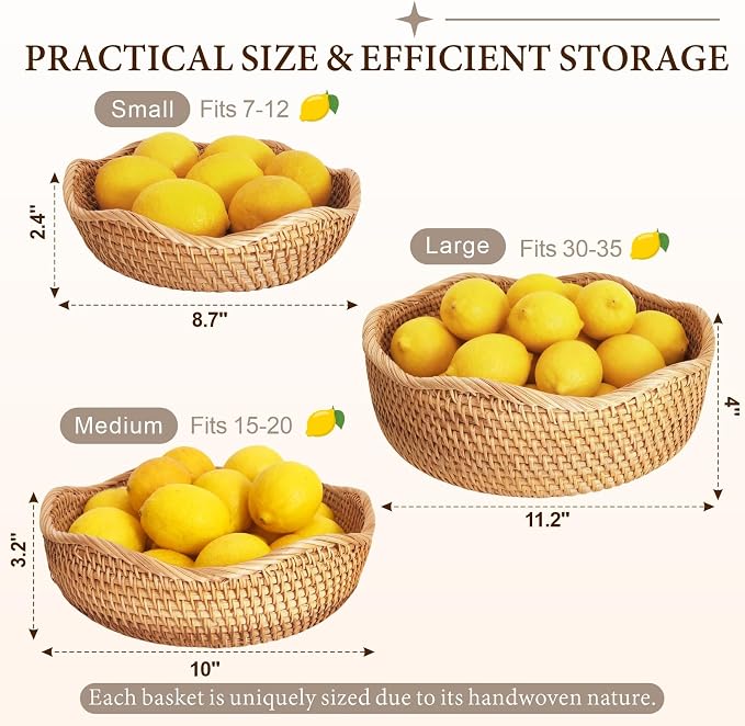 11.2" Large Rattan Wicker Bread Basket, Handwoven Fruit Basket for Kitchen | Artisanal Natural Food Baskets, Well-Made & Sturdy. Versatile for Fruits, Vegetable, Bread & More. Farmhouse Decor (Wave)