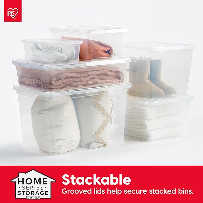 IRIS USA 10-Pack 28 Qt Storage Bins with Lids, Clear, Stackable | Great for clothing, linens, closets and home organization, nestable design, transparent design makes contents easy to find