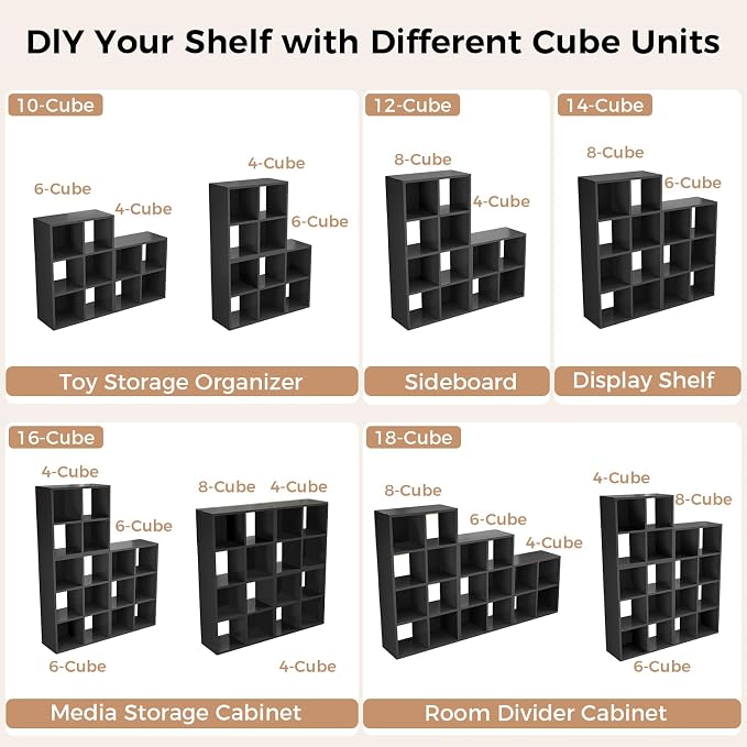 LUCKLIFE 6-Cube Storage Organizer, Stackable Modular Bookcase Shelf with Vertical or Horizontal Use, Fits 11×11" Bins, Optional Back Panels, for Living Room, Office, Black
