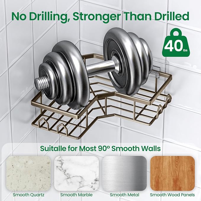 Adhesive Shower Caddy, 2 Pack Corner Bath Organizer, Rustproof Stainless Steel Shower Shelves with Large Capacity, No Drilling Shelves for Bathroom Storage, Home, Kitchen Decor (Brown).