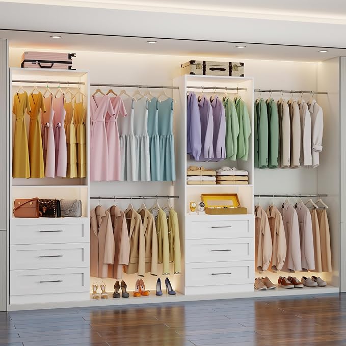 Westcity Closet System with 6 Drawers, 4FT-15FT 2-Piece Closet System, Walk in Closet Organizer System, Modular Closet System with 10 Adjustable Hanging Rods & Shelves, Closet Storage System, White
