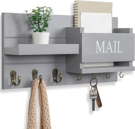 Lwenki Mail Organizer for Wall Mount – Key Holder with Shelf Includes Letter Holder and Hooks for Hallway Farmhouse Decor – Rustic Wood with Flush Mounting Hardware (16.5” x 9.1” x 3.4”) (Gray)