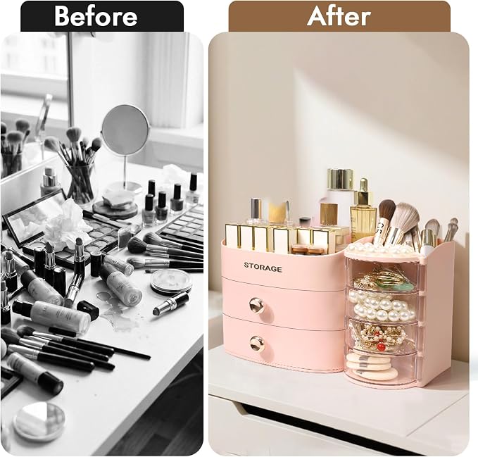 Makeup Organizer Countertop, Make Up Organizer for Vanity | Skincare & Cosmetic Organizers with Drawers, Bathroom Storage for Brush Holder|Lipstick|Jewelry, Ideal Gift for Women, Pink