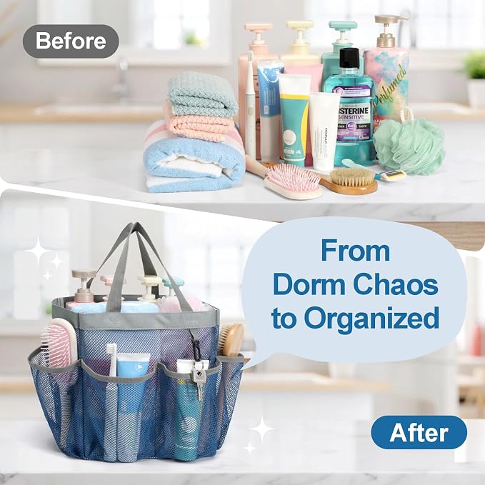 Mesh Shower Caddy Portable - 8 Pockets, S-Hook, Shower Bag for Dorm Camping | 2-Handle, Quick-Dry, Hanging Toiletry Organizer, College Dorm Room Essentials for Girls, Gym, Travel & Bathroom, Navy Blue