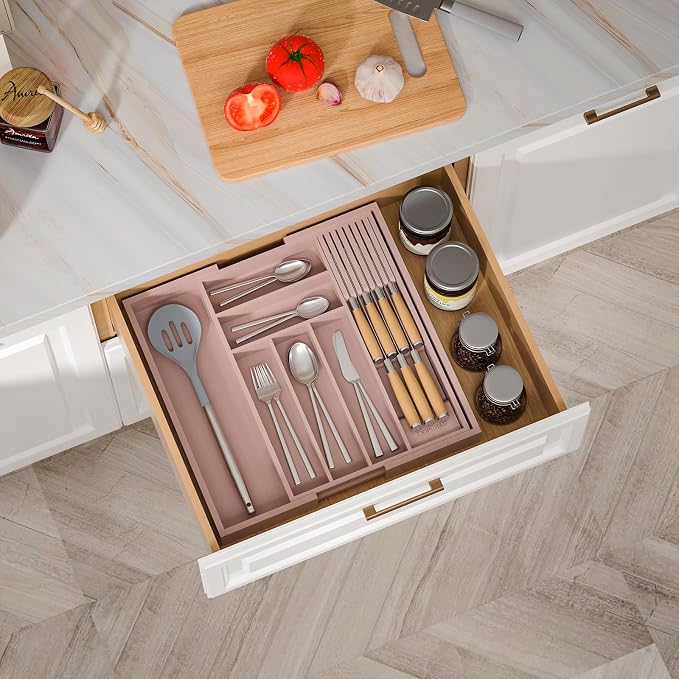 Expandable Bamboo Silverware Drawer Organizer Tray, Grey Pink | Removable Knife Block, Holds 7 Knives, Adjustable Dividers, 12.6-21.45 x 16.3 x 2.13 in, Drawer Insert for Utensils, Forks