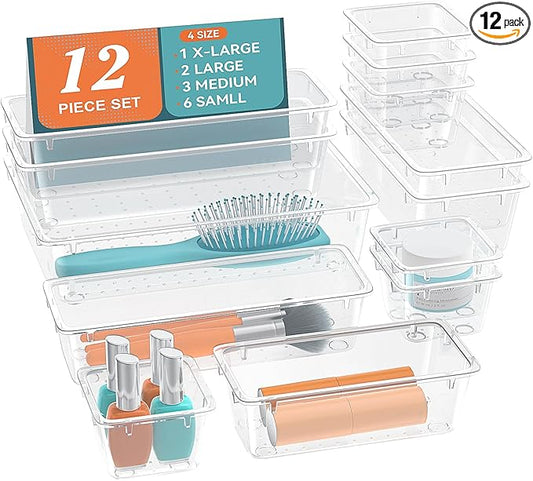 12 PCS Drawer Organizer Set, Makeup Organizers, Tool Storage Trays | 4 Sizes, Plastic, Stackable, Multiple Gadgets, Desk Drawer Divider Organizers, for Makeup, Office Supplies Storage