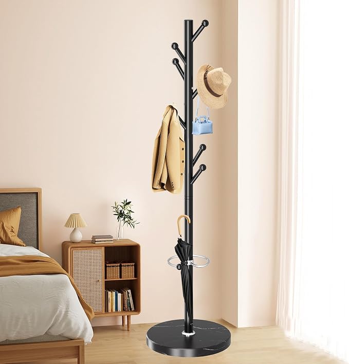 OIRUMIE Coat Rack,Metal Coat Rack Frestanding,Black Coat Stand for Entryway | Coat Rack Stand with Marble Base & Umbrella Holder,Modern Coat Hanger Stand,Coat Clothes Tree Stand for Hallway,Office