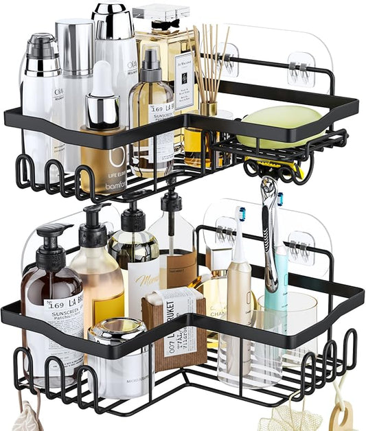 Corner Shower Caddy with Soap Holder, 2 Pack Stainless Steel Corner Shower Organizer with 11 Hooks, No Drilling & 6 Strong Adhesives Corner Shower Shelf Bathroom Organizer for Shower Room, Black