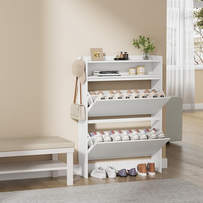 Modern Shoe Cabinet with 2 Flip Drawers & Open Storage, 31.5" W White | Freestanding shoe cabinet with flip drawers ,white design and space-saving storage for entryway,foyer & hallway.