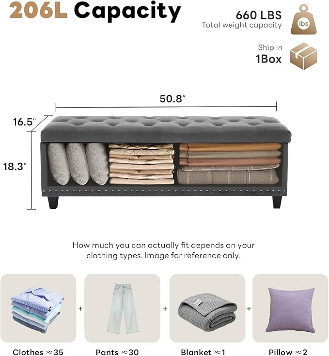 Tbfit 50.8" Large Storage Ottoman Bench with Button-Tufted Top, Blue PU Faux Leather End of Bed Chest with Safety Hinge and Rivets for Bedroom, Living Room (Gray-Velvet)