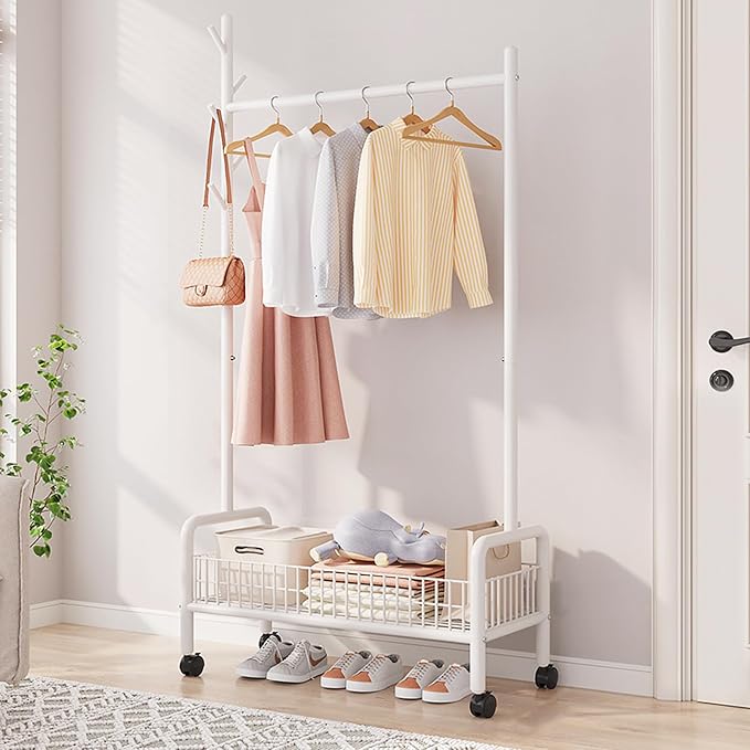MYUPDALIN Clothes Rack with Shelves, Clothing Rack with Wheels, Multifunctional Hangers with Storage Baskets and Shoe Racks, Ideal for Bedrooms and Living Rooms