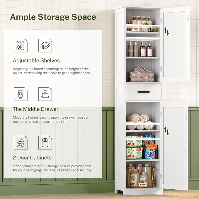 WEENFON Tall Bathroom Cabinet, Storage Cabinet with 6 Shelves & Drawer, Bathroom Storage Cabinet with Adjustable Shelves, Tall Cabinet for Living Room, Home Office, White