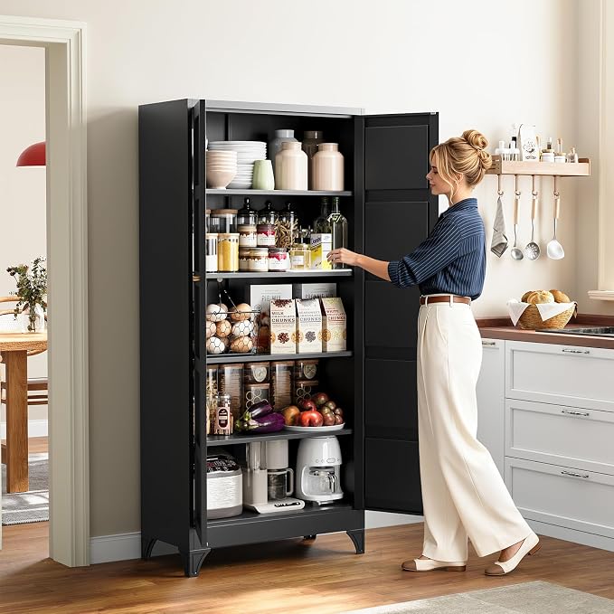 Yizosh Metal Storage Cabinet with 2 Doors and 4 Adjustable Shelves - 71" Black Kitchen Pantry Storage Cabinet,4-Tier Tall Steel Cabinet Locker for Living Room,Dining Room,Kitchen