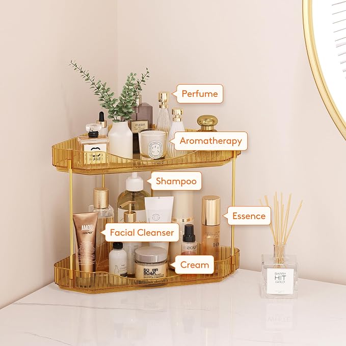 Lifewit 2 Tier Corner Bathroom Counter Organizers and Storage, Golden | Plastic Makeup Skincare Organizers Countertop, Large Sink Cosmetic Perfume Shelf for Bedroom, Dresser, Kitchen, Vanity
