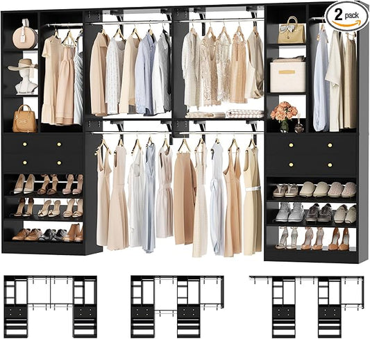 Besiost Closet System with Drawers, 120"/10FT, 151.2"/12.6FT, Built-in Closet Organizer System with Reversible Hanging Shelving and Hanging Rods, Black Set of 2