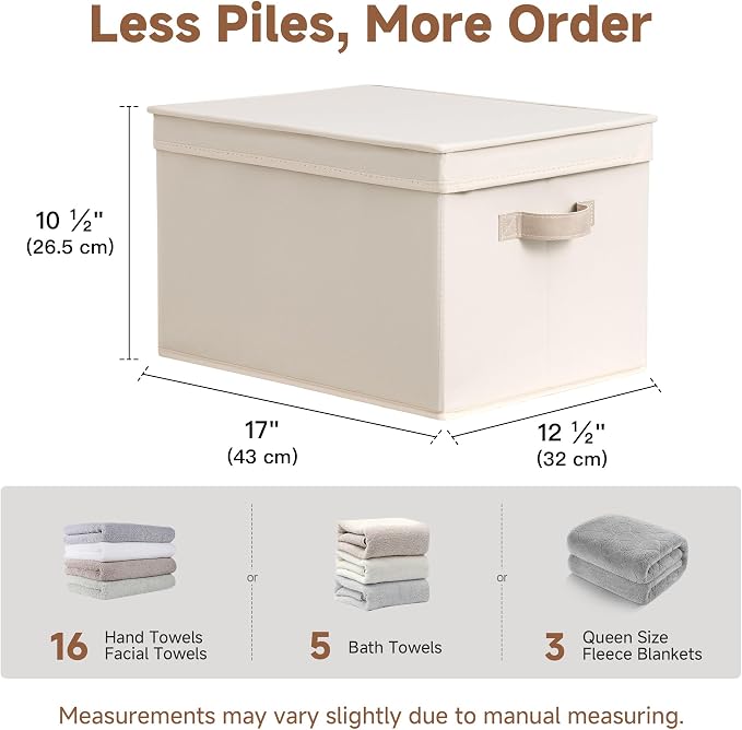 StorageWorks Fabric Storage Bins with Lids, Decorative Storage Bins with PU Handles, Foldable Storage Baskets for Closet, Shelves, Stackable and Sturdy Organization, Beige(Cotton Linen), Jumbo, 3-Pack