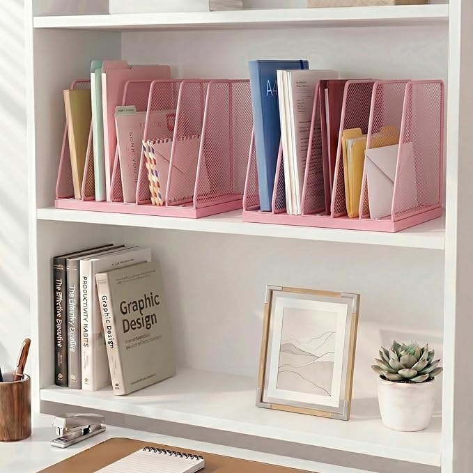 5-Section Vertical File Organizer for Desk, Sturdy Wood Base & Metal Mesh Desktop File Holder, Upright Paper Folder Sorter for Office Supplies（Pink）
