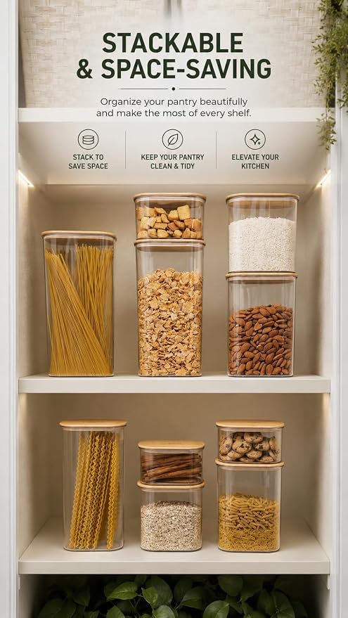 Airtight Food Storage Containers 4 piece Set, BPA-Free Kitchen Canisters with Bamboo Lids & Silicone Seal, Stackable Kitchen Organization.