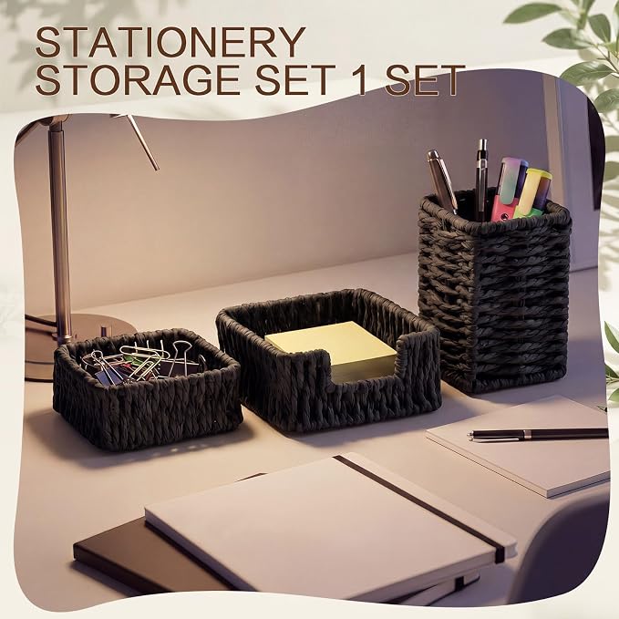 Black Paper Rope Woven Desk Organizer Set of 3 Natural Desktop Accessories Pencil Pen Cup Paper Clip Storage and Sticky Note Holder for Women Men Farmhouse Office Home Desktop Table Decor