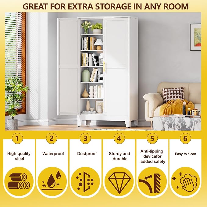 PAOFIN Metal 79“ Kitchen Pantry Cabinet, Pantry Storage Cabinet with Doors and 5 Adjustable Shelves, Freestanding Cupboard Kitchen Cabinet,Tall Cabinet for Living Room,Pantry, Bathroom,Kitchen