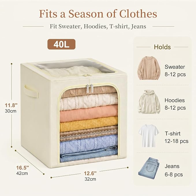 GoMaihe Clothes Storage Bins with Metal Frame for Closet, 40L 6-Pack Beige | Sweaters Hoodies Jeans T-Shirt, Closet Top Shelf Organizer, Collapse-Proof, Stackable, Clear Window, Dual Access Space Saving