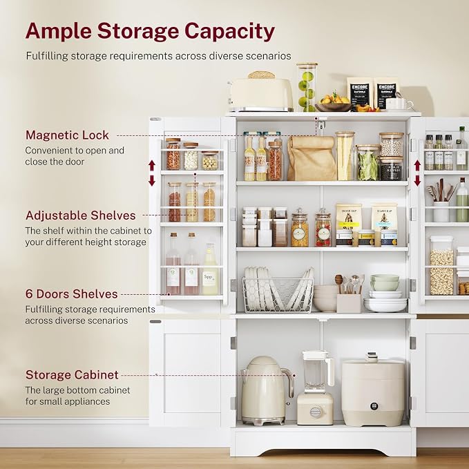 43'H Pantry Cabinet with 4 Doors, Kitchen Cabinet with 6 Door Shelves, Storage Cabinet-Kitchen Pantry for Living Room, Dining Room, Bathroom, White