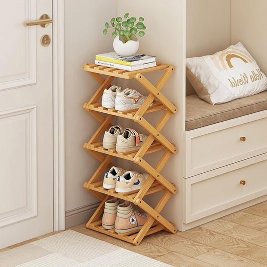 5 Tier Foldable Shoe Rack, Bamboo Vertical Shoe Organizer Tall for Multifunctional Narrow Shoe Shelf for Entryway, Closet, Corner, Bedroom, Hallway(Natural)