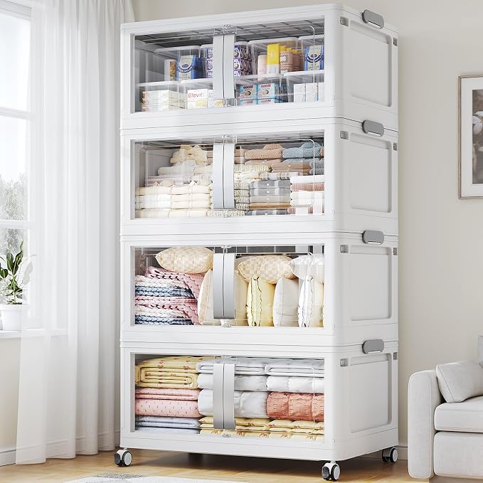 BROVIEW 640Qt Extra Large Stackable Storage Bins with Lids, 160Gal Collapsible Storage Bin with Wheels Clear Door, Folding Plastic Closet Organizers and Storage Drawers for Home Kitchen, 4 Pack White