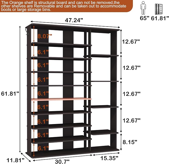 HOMEFORT 10 Tiers Shoe Rack, 50 Pairs Large Shoe Shelf, 61.8" Tall Shoe Tower, Freestanding Shoe Rack Organizer with Open Shelves, Wood Shoe Stand for Boot Storage, for Closet, Entryway, Espresso