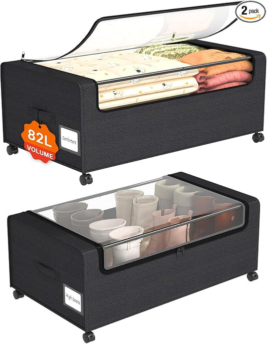 Webetop Under Bed Storage Containers with Wheels & Clear Lid 12 inch 2 Pack | Durable Construction, Smooth Movement, Hidden Storage, Bedroom Organization, Blanket And Clothing Storage, Convenient Access