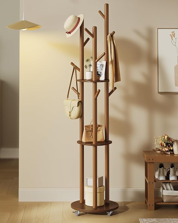 VASAGLE Freestanding Coat Rack Stand, Coat Tree with 11 Hooks, 3 Shelves, 4 Removable 360° Swivel Wheels, Wooden Hooks and Poles, for Entryway, Bedroom, Living Room, Walnut Brown URCR023K01