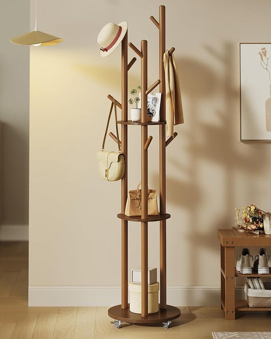 VASAGLE Freestanding Coat Rack Stand, Coat Tree with 11 Hooks, 3 Shelves, 4 Removable 360° Swivel Wheels, Wooden Hooks and Poles, for Entryway, Bedroom, Living Room, Walnut Brown URCR023K01