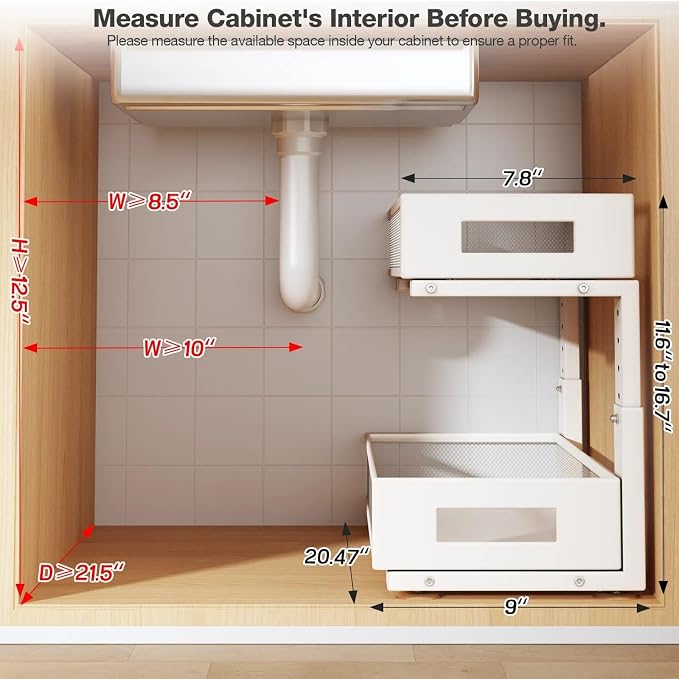 2 Packs 21IN Depth Under Sink Organizer, 2-Tier Pull Out Cabinet Organizer With Smooth Circular Rail, Large Capacity Metal Mesh Sliding Drawers For Bathroom& Kitchen Storage,Height Adjustable –White