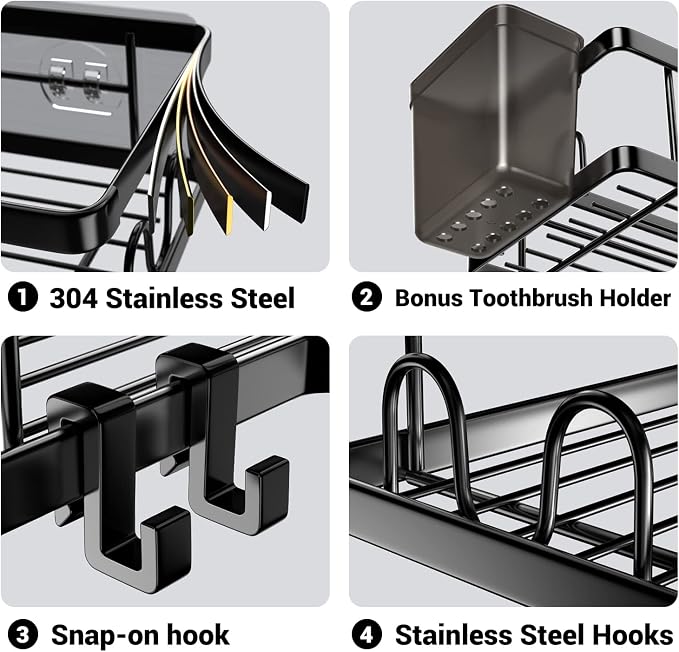 AKTECKE Corner Shower Caddy, 2 Pack Adhesive Shower Corner Organizer Shelves, No Drilling Stainless Steel Shower Storage Rack with Hooks&Toothpaste Holder for Bathroom Kitchen （for 90° Corners Only）