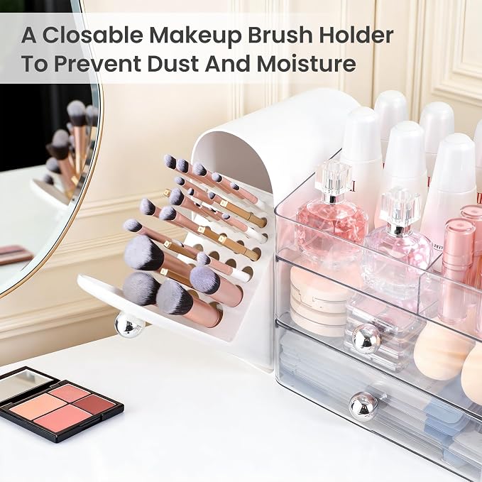Makeup Organizer,Vanity Organizer with Makeup Brush Holder,White | Waterproof,Dustproof,Clear Drawer,Large Capacity,Storage Lipstick,Perfumes,Skincare for Dresser,Bathroom Countertop,Desk,Gift