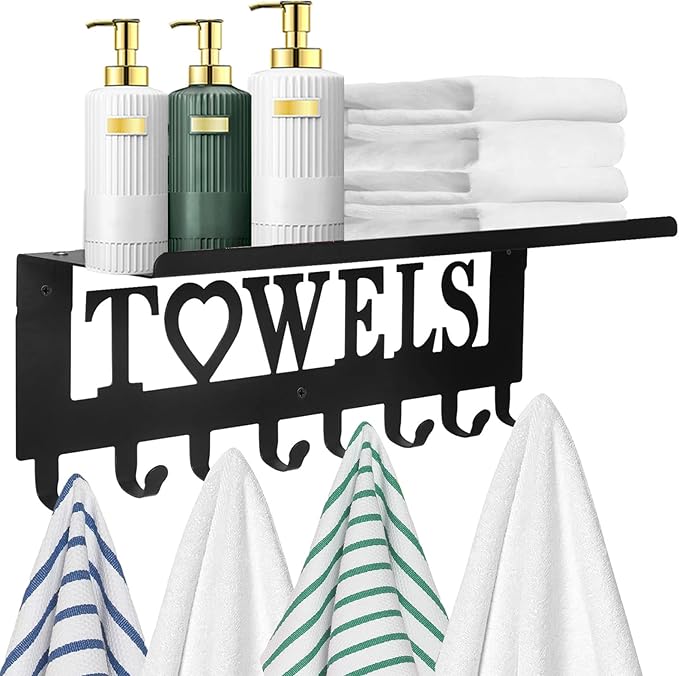 IBosins Towel Rack with Metal Shelf Bathroom Towel Holder 8 Hooks Black | 16-Inch Towel Hanger Wall Mounted Robes, Clothes, Towels Organizer for Bathroom, Hot Tub, Kitchen, Bedroom, Home