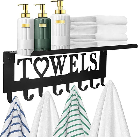 IBosins Towel Rack with Metal Shelf Bathroom Towel Holder 8 Hooks Black | 16-Inch Towel Hanger Wall Mounted Robes, Clothes, Towels Organizer for Bathroom, Hot Tub, Kitchen, Bedroom, Home