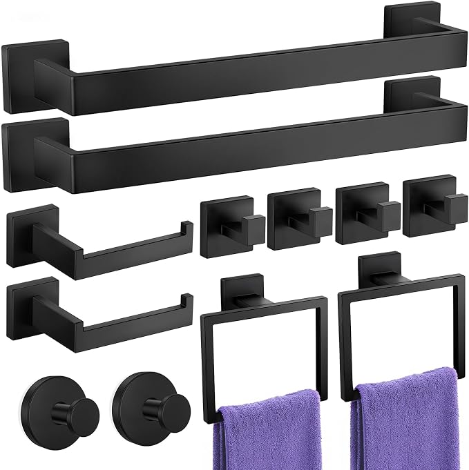 Bathroom Hardware Accessories Set: Bath Towel Bar Set, Towel Racks for Bathroom Wall Mounted, SUS304 Stainless Steel (Matte Black, 12-Pieces)