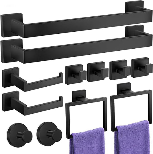 Bathroom Hardware Accessories Set: Bath Towel Bar Set, Towel Racks for Bathroom Wall Mounted, SUS304 Stainless Steel (Matte Black, 12-Pieces)