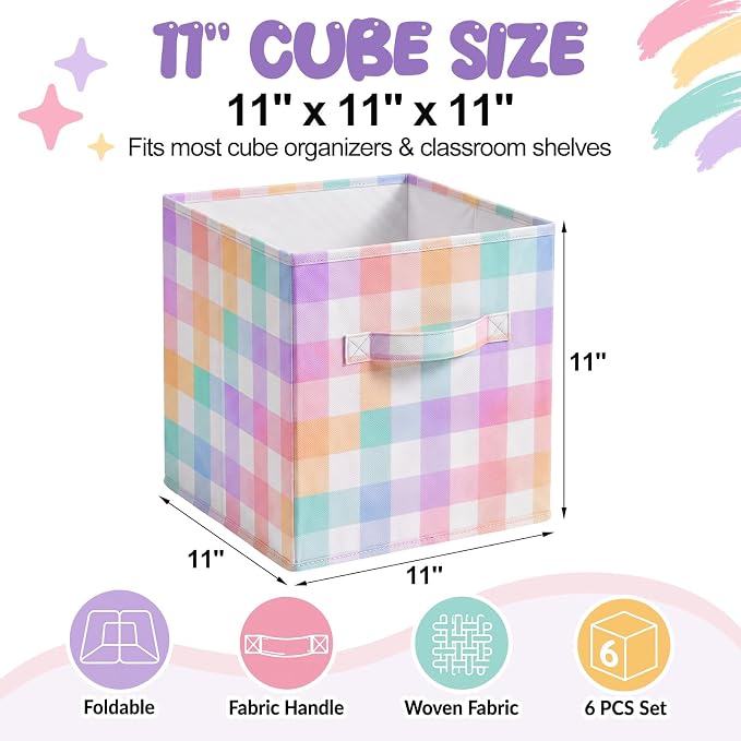 6 Pcs 11 Inch Pastel Checked Fabric Storage Cube Bin Woven Foldable Gingham Storage Cube for Classroom Basket Bin Organizer with Handle Decor for Organizing Clothes, Toy, Book