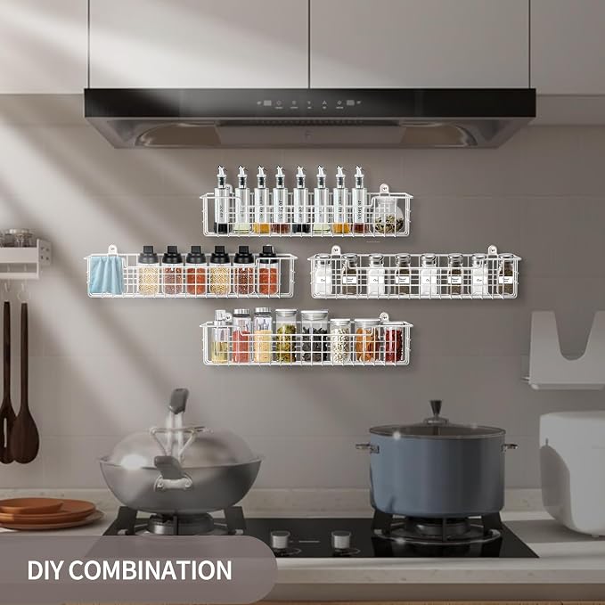 Spice Rack Wall Mount, 4-Pack Seasoning Organizer for Kitchen Storage Organization, Spice Holder Shelf Saving Space for Cabinet, RV, Pantry, Silver