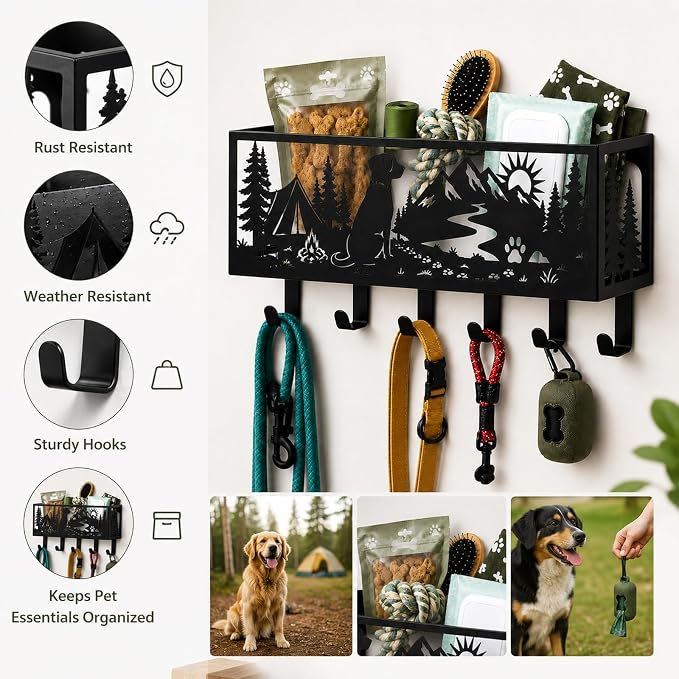 Custom Dog Leash Holder for Wall Pet Supply Organizer with Storage Basket | Custom metal dog leash holder, pet supply organizer with storage basket, wall mount hooks for entryway and dog accessories