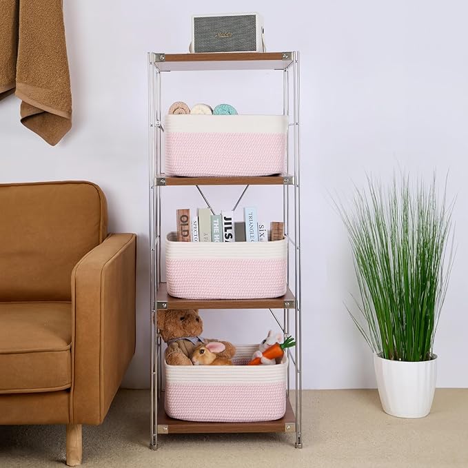 MiniArk Large Storage Baskets for Organizing, 17 x 13 x 7.5” Closet Shelf Baskets for Clothes Blanket Towels, Baby Nursery, Toy Bins Box, Woven Rope Baskets, 4 Packs Woven Pink