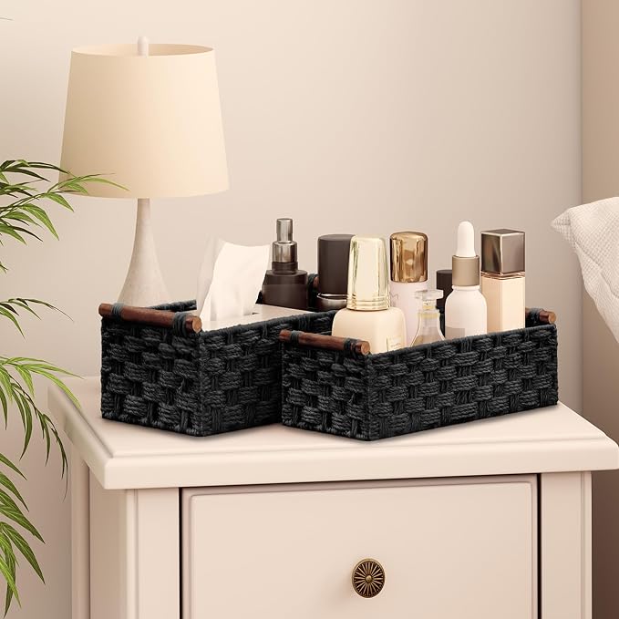 Vagusicc Wicker Storage Basket, Set of 2 Hand-Woven Paper Rope Wicker Basket for Organizing with Handle Decorative Storage Bins for Counter Pantry Shelves Toilet Paper Basket for Toilet Tank Top,Black
