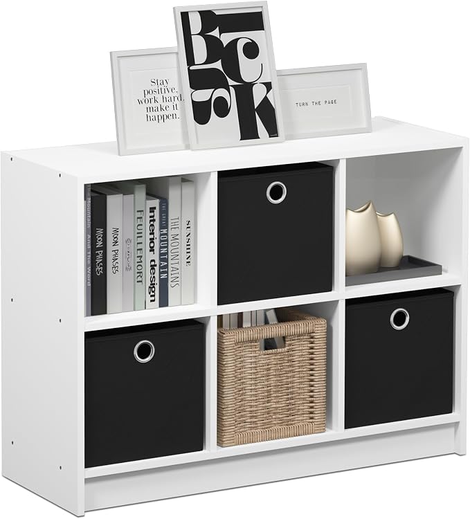 6-Cube Bookshelf with Storage Bins, Cube Bookcase, Book Shelf with Storage Bins, 11.9 x 31.6 x 23.6, for Living Room, Home Office, White/Black