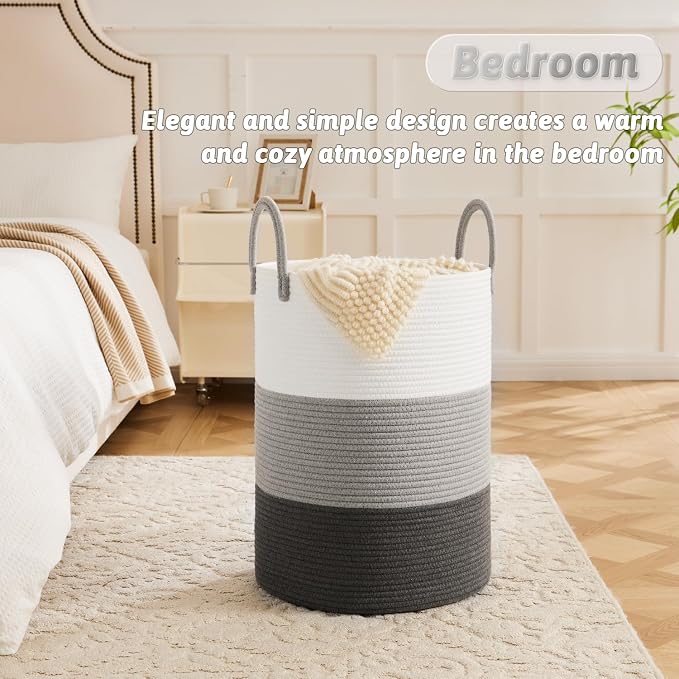 Artfeel Laundry Basket,Woven Cotton Rope Laundry Hamper,100L for Decorative Storage of Dirty Clothes,Toys and Blankets in Bathroom,Bedroom and Living Room