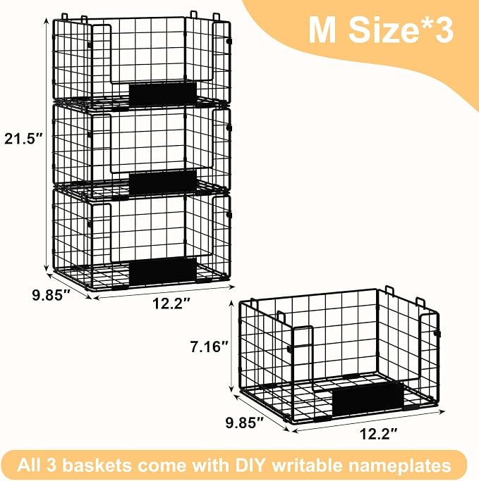 3 Pack XL Stackable Wire Baskets with Handle, Pantry Organizers and Storage | Snack Organizer & Vegetable Basket & Metal Pantry Bin & Fruit Basket for Kitchen Counter