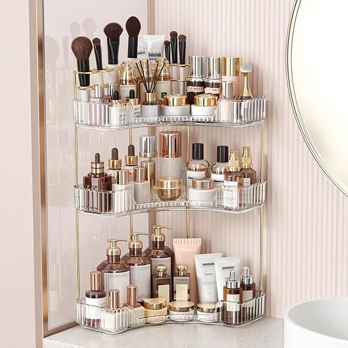 BEFSOP Corner Bathroom Counter Organizer, Upgraded 3-Tier Makeup Organizer Countertop with Makeup Brush Holder, Skincare Exquisite Vanity Organizers Countertop Bathroom Storage Dresser(CLEAR)