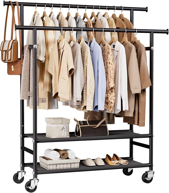 HYSEYY Clothes Rack,Double Rods Rolling Clothing Rack for Hanging Clothes,Portable Garment Rack with 2-Tier Storage Shelves,Free Standing Wardrobe Closet Coat Rack on wheels for Bedroom,Laundry Room