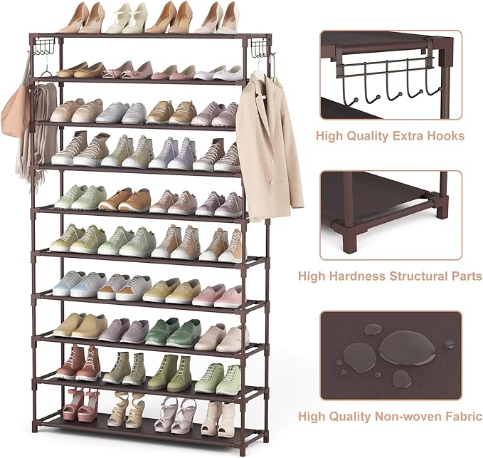 LANTEFUL 10 Tiers Shoe Rack 50 Pairs Large Capacity Tall Shoe Organizer Sturdy Shoe Storage with Two Hooks Space Saving Metal Wide Shoe Rack for Closet, Entryway, Bedroom, Brown